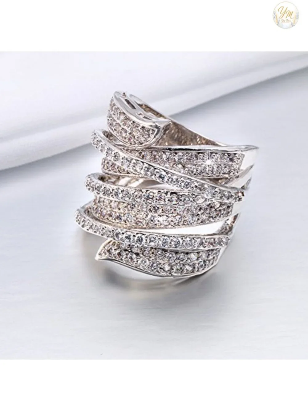 Rhodium Plated Cubic Zirconia Wide Band Cocktail Ring Size 9